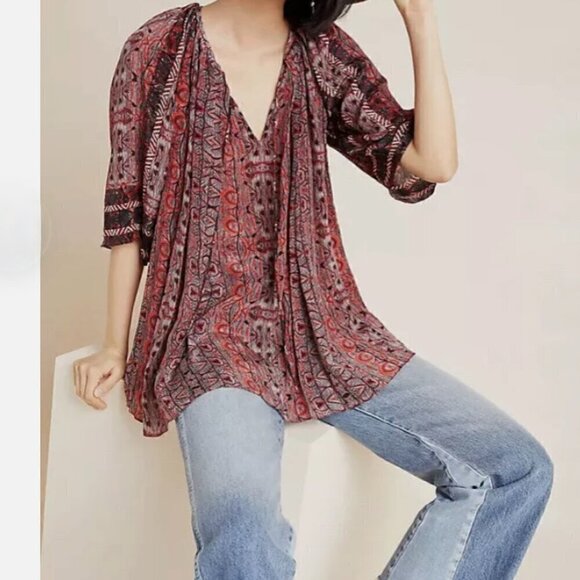 Anthropologie Tunic Blouse Top Flowy Tribal Print Red Black Pullover Small - Picture 2 of 9